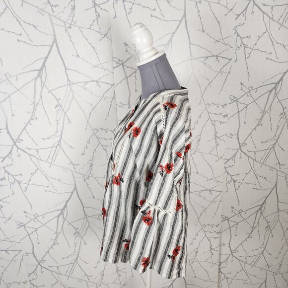Fate White Stripe Floral Embroidered Bell Sleeve Blouse - Picture 4 of 8